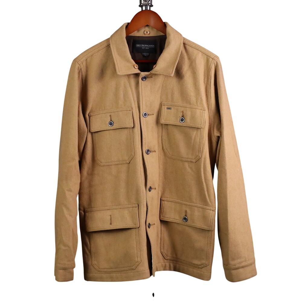Obey Propaganda Field Jacket Men L Brown Wool Blend Utility Button Barn Chore